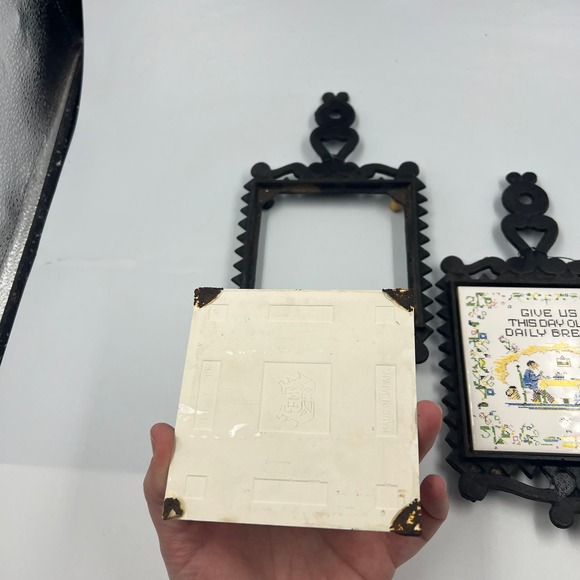 Vintage Ceramic Tile & Cast Iron Trivet MCM MidCentury Daily Bread DAMAGED - Picture 7 of 12